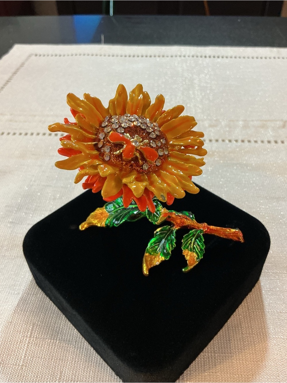 Sunflower Figural Enameled Vintage Style Gold Tone Trinket Box